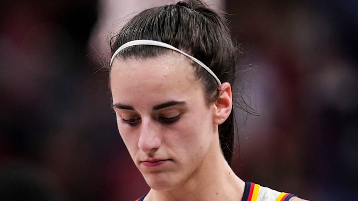 Indiana Fever guard Caitlin Clark (22) walks down the court Friday, Sept. 6, 2024, during a game between the Indiana Fever and the Minnesota Lynx at Gainbride Fieldhouse in Indianapolis. The Lynx defeated the Fever, 99-88.