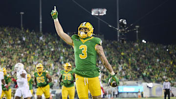Nov 9, 2024; Eugene, Oregon, USA; Oregon Ducks tight end Terrance Ferguson (3) celebrates after catching a touchdown pass during the first half against the Maryland Terrapins at Autzen Stadium. Mandatory Credit: Troy Wayrynen-Imagn Images