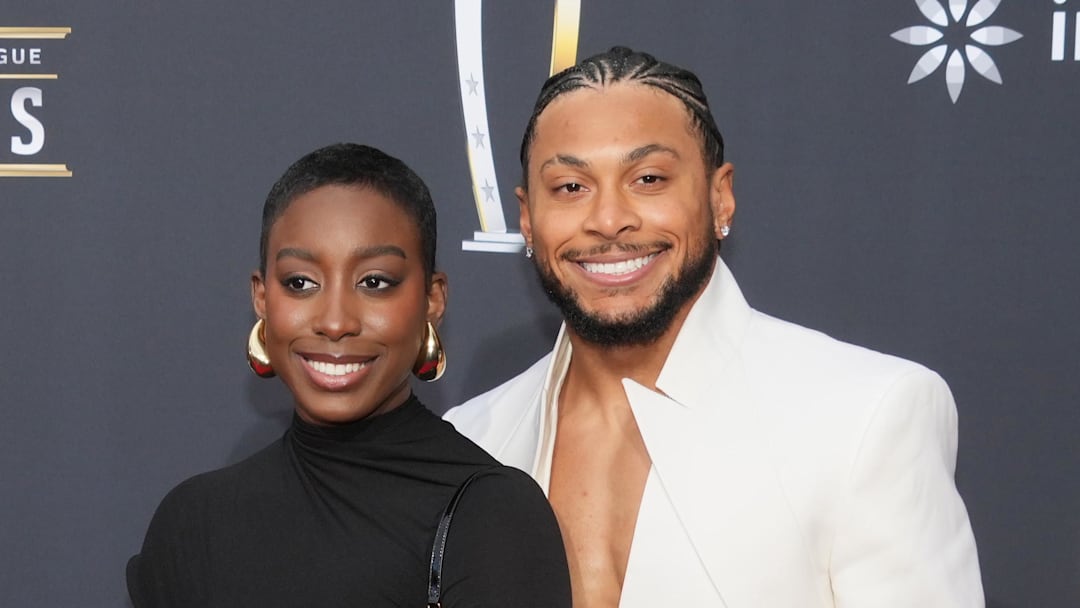 Antoine Winfield Jr. and Tessa Mpagi on the red carpet before the NFL Honors show at Resorts World Theatre.