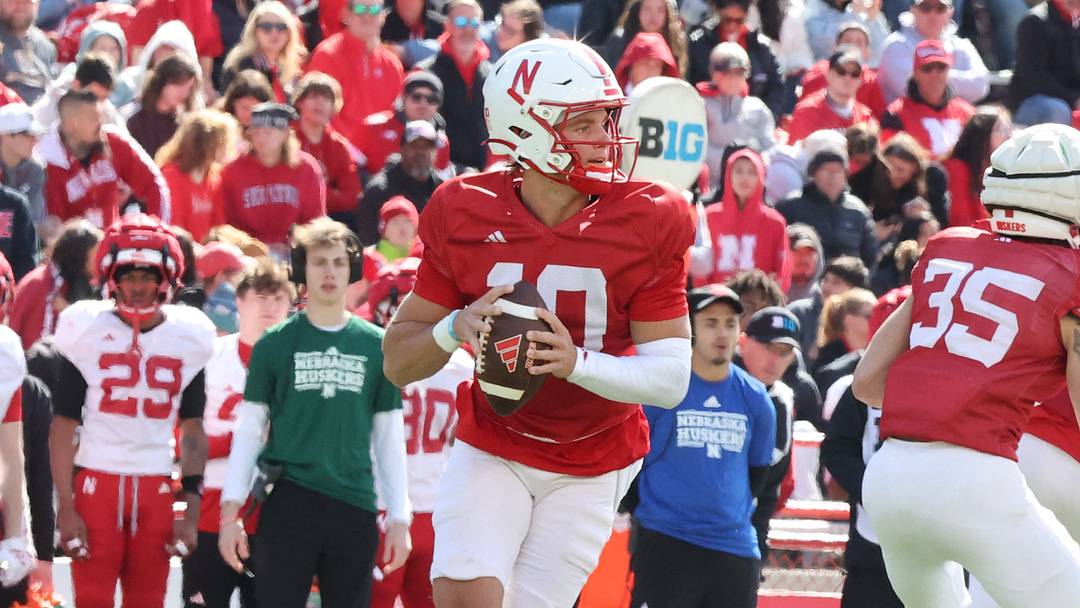 Nebraska quarterback Anthony Colandrea looks for a receiver in the Red-White Spring Game.