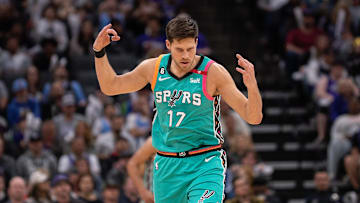 Apr 2, 2023; Sacramento, California, USA; San Antonio Spurs forward Doug McDermott (17) celebrates after scoring against the Sacramento Kings during the third quarter at Golden 1 Center. Mandatory Credit: Ed Szczepanski-Imagn Images