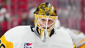 Nov 7, 2024; Raleigh, North Carolina, USA;  Pittsburgh Penguins goaltender Joel Blomqvist (30) looks on during the warmups before the game against the Carolina Hurricanes at Lenovo Center. Mandatory Credit: James Guillory-Imagn Images