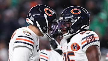 Nov 28, 2025; Philadelphia, Pennsylvania, USA; Chicago Bears quarterback Caleb Williams (18) and running back Kyle Monangai (25) react to a touchdown against the Philadelphia Eagles at Lincoln Financial Field. Mandatory Credit: Bill Streicher-Imagn Images