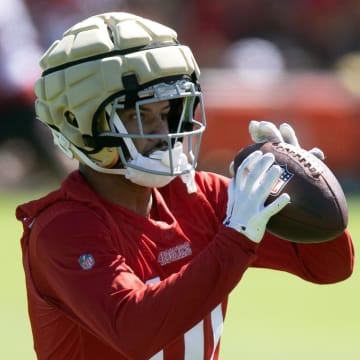 Jul 26, 2024; Santa Clara, CA, USA; San Francisco 49ers wide receiver Ronnie Bell (10) catches a pass during Day 4 of training camp at SAP Performance Facility. Mandatory Credit: D. Ross Cameron-USA TODAY Sports