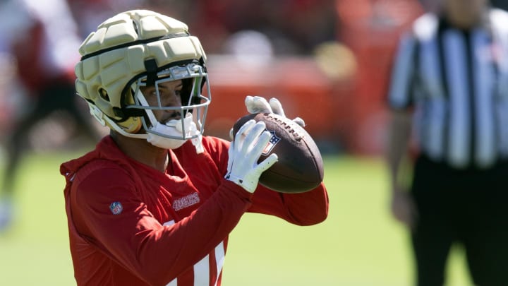 Jul 26, 2024; Santa Clara, CA, USA; San Francisco 49ers wide receiver Ronnie Bell (10) catches a pass during Day 4 of training camp at SAP Performance Facility. Mandatory Credit: D. Ross Cameron-USA TODAY Sports