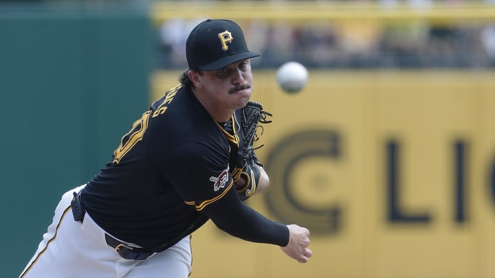 Aug 4, 2024; Pittsburgh, Pennsylvania, USA;  Pittsburgh Pirates starting pitcher Paul Skenes (30) pitches against the Arizona Diamondbacks during the fourth inning at PNC Park. Mandatory Credit: Charles LeClaire-USA TODAY Sports