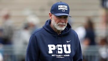 Apr 26, 2025; University Park, PA, USA; Penn State Nittany Lions defensive coordinator Jim Knowles walks on the field prior to the Blue White spring game at Beaver Stadium. Mandatory Credit: Matthew O'Haren-Imagn Images