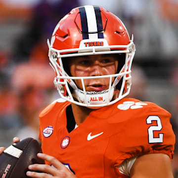 Sept 7, 2024; Clemson, SC, USA; The Clemson Tigers played the Appalachian State Mountaineers in college football Saturday, Sept. 7, 2024. Clemson quarterback Cade Klubnik (2) warms up. Mandatory Credit: Alex Hicks Jr./USA TODAY Sports via Imagn Images 