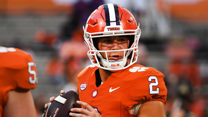 Sept 7, 2024; Clemson, SC, USA; The Clemson Tigers played the Appalachian State Mountaineers in college football Saturday, Sept. 7, 2024. Clemson quarterback Cade Klubnik (2) warms up. Mandatory Credit: Alex Hicks Jr./USA TODAY Sports via Imagn Images 