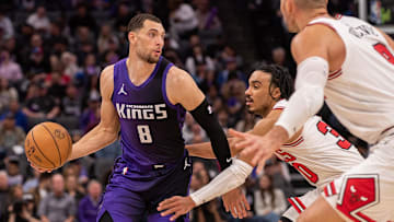 Mar 20, 2025; Sacramento, California, USA; Sacramento Kings guard Zach LaVine (8) controls the ball during the second quarter of the game against the Chicago Bulls at Golden 1 Center. Mandatory Credit: Ed Szczepanski-Imagn Images