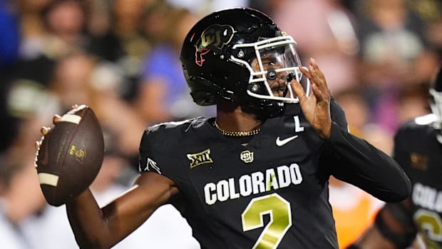 Colorado Buffaloes quarterback Shedeur Sanders (2) prepares to pass the ball against the North Dakota State Bison. 