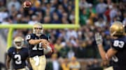Oct. 21, 2006; South Bend, IN, USA; Notre Dame Fighting Irish quarterback (10) Brady Quinn throws the ball to wide receiver (83) Jeff Samardzija for the game-winning score against the UCLA Bruins at Notre Dame Stadium.  Notre Dame won 20-17.