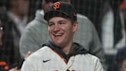 Jul 23, 2021; San Francisco, California, USA;  San Francisco Giants first round pick Will Bednar cheers during the ninth inning against the Pittsburgh Pirates at Oracle Park. Mandatory Credit: Stan Szeto-Imagn Images
