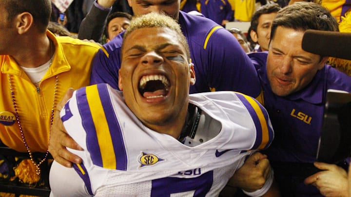 November 5, 2011; Tuscaloosa, AL, USA;  LSU Tigers cornerback Tyrann Mathieu (7) celebrates the Tigers 9-6 victor over the Alabama Crimson Tide in overtime at Bryant Denny Stadium.  Mandatory Credit: John David Mercer-Imagn Images