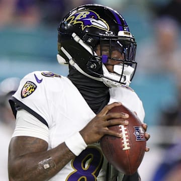 Oct 30, 2025; Miami Gardens, Florida, USA; Baltimore Ravens quarterback Lamar Jackson (8) looks to pass against the Miami Dolphins in the third quarter at Hard Rock Stadium. Mandatory Credit: Nathan Ray Seebeck-Imagn Images
