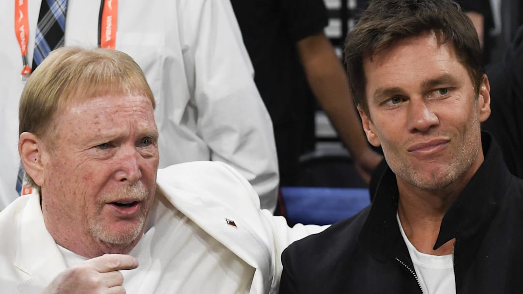 Oct 8, 2023; Las Vegas, Nevada, USA; Las Vegas Aces owner Mark Davis and part-owner Tom Brady talk before the game between the Las Vegas Aces and the New York Liberty during game one of the 2023 WNBA Finals at Michelob Ultra Arena. Mandatory Credit: Candice Ward-Imagn Images