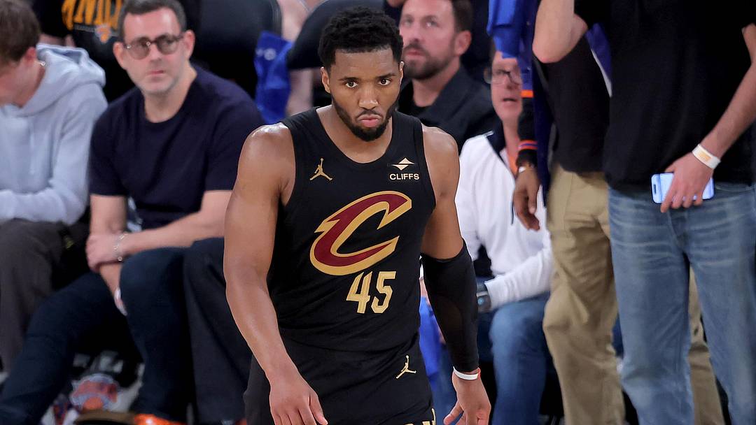 May 19, 2026; New York, New York, USA; Cleveland Cavaliers guard Donovan Mitchell (45) reacts during overtime in game one of the eastern conference finals against the New York Knicks during the 2026 NBA playoffs at Madison Square Garden. Mandatory Credit: Brad Penner-Imagn Images