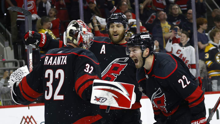 Carolina Hurricanes Antti Raanta, Brett Pesce and Jaccob Slavin.