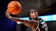 South Carolina guard Raven Johnson (25) leaps for the ball against the Vanderbilt during the first quarter at Memorial Gym in Nashville, Tenn., Sunday, Feb. 23, 2025.