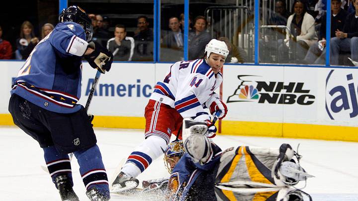 Apr 14, 2007; Atlanta, GA, USA; New York Rangers forward (41) Jed Ortmeyer is stopped on a breakaway by Atlanta Thrashers goalie (1) Johan Hedberg with Thrashers defenseman (2) Garnet Exelby in pursuit in the second period at Philips Arena in the Eastern Conference Quarterfinal playoff series. The Rangers lead the Thrashers 1 to 0 after the second period. Mandatory Credit: Dale Zanine USA TODAY Sports Copyright (c) 2007 Dale Zanine Apr 14, 2007; Atlanta, GA, USA; New York Rangers forward (41) Jed Ortmeyer is stopped on a breakaway by Atlanta Thrashers goalie (1) Johan Hedberg with Thrashers defenseman (2) Garnet Exelby in pursuit in the second period at Philips Arena in the Eastern Conference Quarterfinal playoff series. The Rangers lead the Thrashers 1 to 0 after the second period. Mandatory Credit: Dale Zanine USA TODAY Sports Copyright (c) 2007 Dale Zanine