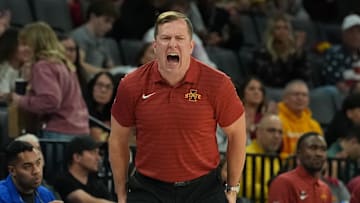 Nov 25, 2025; Las Vegas, Nevada, USA; Iowa State Cyclones head coach T.J. Otzelberger reacts against the Creighton Bluejays in a 2025 Players Era Festival group play game at Michelob Ultra Arena. 