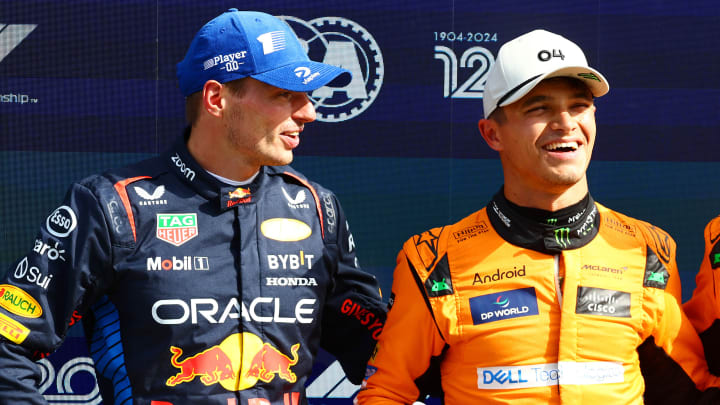 Second placed qualifier Max Verstappen of the Netherlands and Oracle Red Bull Racing, pole position qualifier Lando Norris of Great Britain and McLaren and third placed qualifier Oscar Piastri of Australia and McLaren react in parc ferme after qualifying ahead of the F1 Grand Prix of Netherlands at Circuit Zandvoort on August 24, 2024 in Zandvoort, Netherlands.