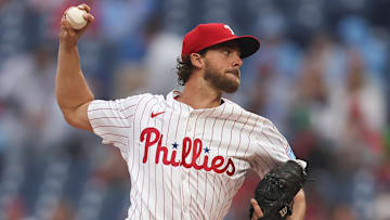 May 14, 2025; Philadelphia, Pennsylvania, USA; Philadelphia Phillies pitcher Aaron Nola (27) throws a pitch during the first inning against the St. Louis Cardinals at Citizens Bank Park. 