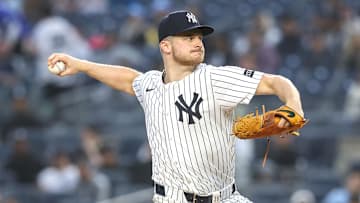 May 6, 2025; Bronx, New York, USA;  New York Yankees starting pitcher Clarke Schmidt (36) pitches in the first inning against the San Diego Padres at Yankee Stadium.