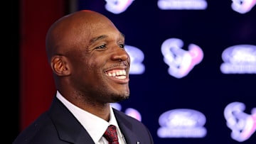 Feb 2, 2023; Houston, TX, USA; Houston Texans head coach Demeco Ryans reacts to a question from the media during his introductory press conference at NRG Stadium. Mandatory Credit: Erik Williams-Imagn Images