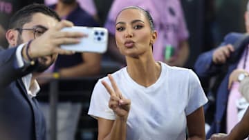 Jul 21, 2023; Fort Lauderdale, FL, USA; Kim Kardashian poses for a selfie before the match between Inter Miami CF and Cruz Azul at DRV PNK Stadium. Mandatory Credit: Nathan Ray Seebeck-Imagn Images