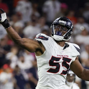 Sep 15, 2024; Houston, Texas, USA;  Houston Texans defensive end Danielle Hunter (55) celebrates his sack against Chicago Bears quarterback Caleb Williams (18) (not pictured) in the second half at NRG Stadium. Mandatory Credit: Thomas Shea-Imagn Images