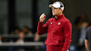 Nov 9, 2024; Nashville, Tennessee, USA;  South Carolina Gamecocks head coach Shane Beamer watches from the sidelines against the Vanderbilt Commodores during the first half at FirstBank Stadium. Mandatory Credit: Steve Roberts-Imagn Images