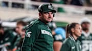 Michigan State head coach Jonathan Smith watches a play against Michigan during the second half at Spartan Stadium in East Lansing on Saturday, October 25, 2025.