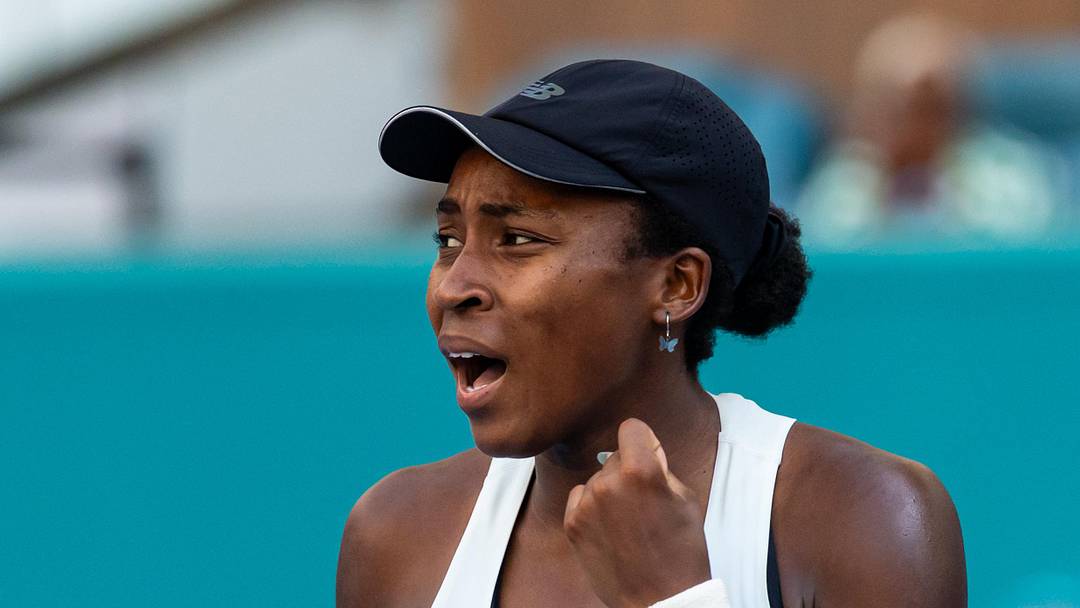 Coco Gauff celebrates during her match