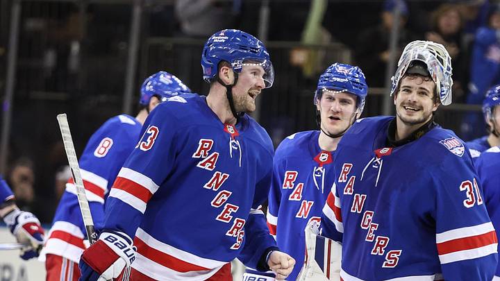 Feb 28, 2026; New York, New York, USA;  New York Rangers goaltender Igor Shesterkin (31) celebrates with his teammates after defeating the Pittsburgh Penguins 3-2 in a shootout at Madison Square Garden. Mandatory Credit: Wendell Cruz-Imagn Images