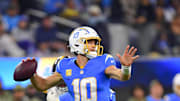 Nov 9, 2025; Inglewood, California, USA; Los Angeles Chargers quarterback Justin Herbert (10) passes the ball against the Pittsburgh Steelers during the third quarter of the game at SoFi Stadium. Mandatory Credit: Gary A. Vasquez-Imagn Images