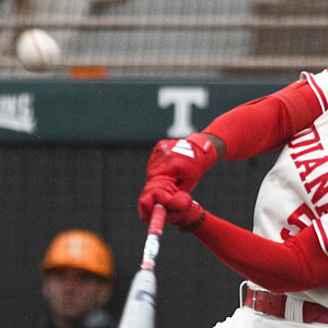Indiana baseball outfielder Devin Taylor hits a home run during a NCAA Baseball Tournament Knoxville Regional game at Lindsey Nelson Stadium on Saturday, June 1, 2024 in Knoxville, Tenn.