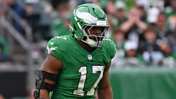 Oct 26, 2025; Philadelphia, Pennsylvania, USA; Philadelphia Eagles linebacker Nakobe Dean (17) ]against the New York Giants at Lincoln Financial Field. 