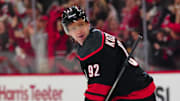 Apr 30, 2024; Raleigh, North Carolina, USA; Carolina Hurricanes center Evgeny Kuznetsov (92) scores a penalty shot goal against New York Islanders during the first period in game five of the first round of the 2024 Stanley Cup Playoffs at PNC Arena. Mandatory Credit: James Guillory-USA TODAY Sports