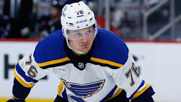Apr 30, 2025; Winnipeg, Manitoba, CAN; St. Louis Blues forward Zack Bolduc (76) waits for the face-off against the Winnipeg Jets during the first period in game five of the first round of the 2025 Stanley Cup Playoffs at Canada Life Centre. Mandatory Credit: Terrence Lee-Imagn Images