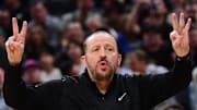 May 14, 2025; Boston, Massachusetts, USA; New York Knicks head coach Tom Thibodeau in the first half during game five of the second round for the 2025 NBA Playoffs against the Boston Celtics at TD Garden. Mandatory Credit: Bob DeChiara-Imagn Images