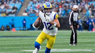 Nov 30, 2025; Charlotte, North Carolina, USA; Los Angeles Rams wide receiver Puka Nacua (12) runs after making a catch during the first quarter against the Carolina Panthers at Bank of America Stadium. Mandatory Credit: Jim Dedmon-Imagn Images