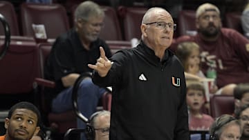Mar 9, 2024; Tallahassee, Florida, USA; Miami Hurricanes head coach Jim Larranaga reacts during the second half against the Florida State Seminoles at Donald L. Tucker Center. Mandatory Credit: Melina Myers-Imagn Images