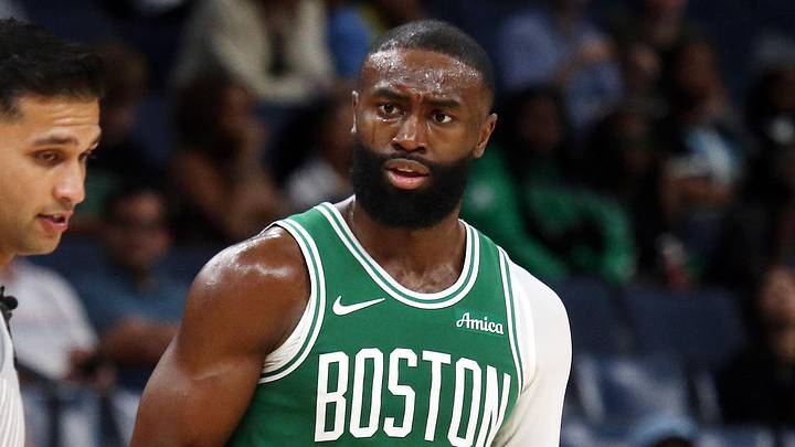Oct 8, 2025; Memphis, Tennessee, USA; Boston Celtics guard Jaylen Brown (7) reacts toward an official after a technical foul call during the second quarter against the Memphis Grizzlies at FedExForum. Mandatory Credit: Petre Thomas-Imagn Images