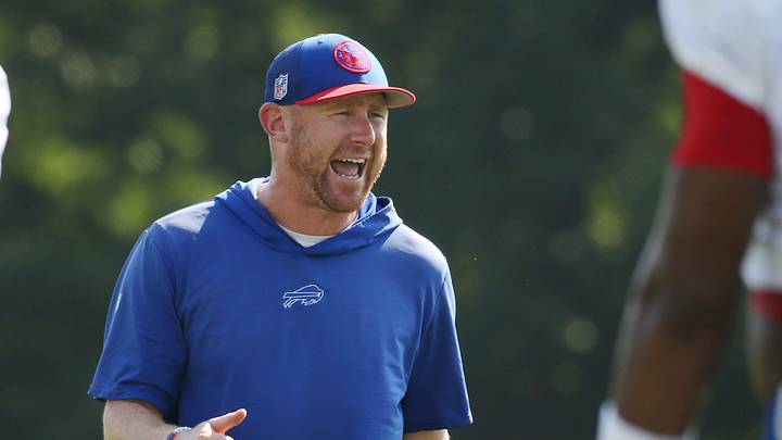 Bills offensive coordinator Joe Brady gives instructions during drills during day six of Buffalo Bills training camp at St. John Fisher University Tuesday, July 29, 2025 in Pittsford, NY.
