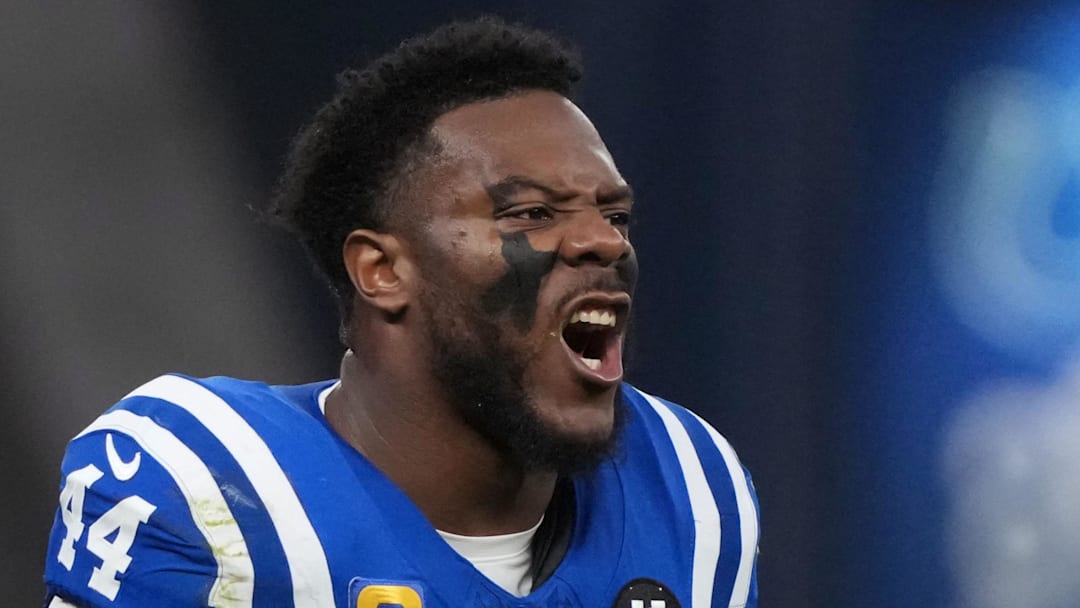 Indianapolis Colts linebacker Zaire Franklin (44) reacts against the Atlanta Falcons during the game in Berlin in 2025.