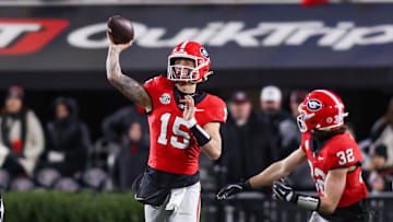 Nov 29, 2024; Athens, Georgia, USA; Georgia Bulldogs quarterback Carson Beck (15) throws a pass against the Georgia Tech Yellow Jackets in the second quarter at Sanford Stadium. Mandatory Credit: Brett Davis-Imagn Images
