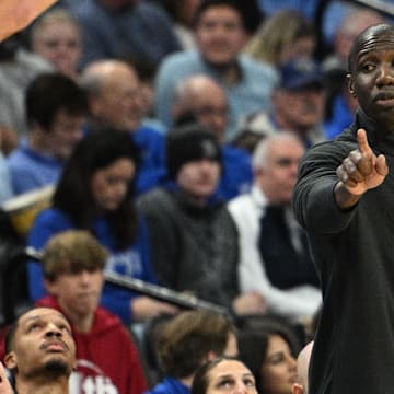 Dec 16, 2023; Omaha, Nebraska, USA;  Alabama Crimson Tide assistant coach Preston Murphy watches action against the Creighton Bluejays in the first half  at CHI Health Center Omaha. Mandatory Credit: Steven Branscombe-Imagn Images
