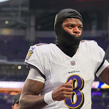 Nov 9, 2025; Minneapolis, Minnesota, USA; Baltimore Ravens quarterback Lamar Jackson (8) leaves the field after the game against the Minnesota Vikings  at U.S. Bank Stadium. Mandatory Credit: Brad Rempel-Imagn Images