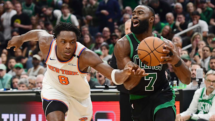 May 14, 2025; Boston, Massachusetts, USA; Boston Celtics guard Jaylen Brown (7) controls the ball from New York Knicks forward OG Anunoby (8) in the second half during game five of the second round for the 2025 NBA Playoffs at TD Garden. Mandatory Credit: Bob DeChiara-Imagn Images